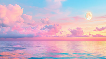 Serene ocean waters shimmer in the fading light, pink skies and a glowing moon offer pure tranquilityの素材