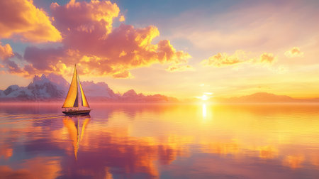 Peaceful sunset on icy water, sailboat gliding slowly under glowing clouds and golden lightの素材