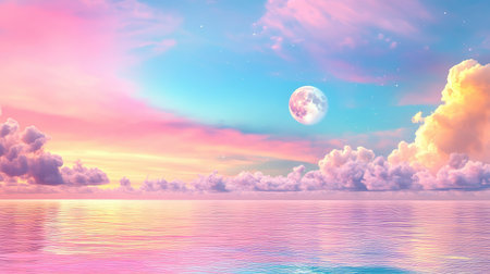 Serene ocean waters shimmer in the fading light, pink skies and a glowing moon offer pure tranquilityの素材