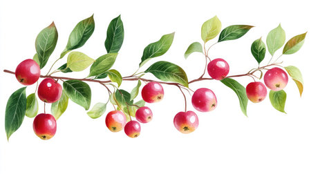 Lush apple tree branch with ripe red fruit and vibrant green leaves, presented on a white backgroundの素材