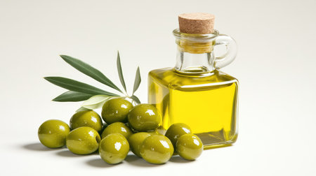 Vibrant green olives and a sleek oil bottle placed on a white surface, capturing freshness and eleganceの素材