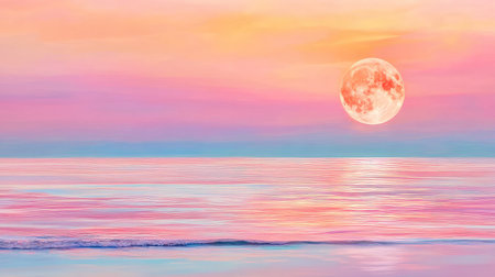 Ocean horizon painted with pink sunset tones and a rising full moon, a moment of peace and coastal calmの素材