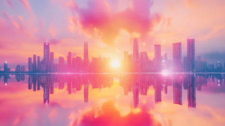 Blurred high-rises mirrored in still water under a vivid sunset sky, creating a harmony of soft light and urban geometryの素材