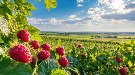 A panoramic view of raspberry fields in bloom, red fruits contrasting beautifully with green leaves and blue skyの素材