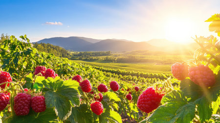 A sun-drenched raspberry farm at peak season, with red fruits dotting green plants across the landscapeの素材
