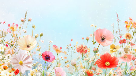 A peaceful floral border set against a sky-like blue gradient, blending nature and minimal designの素材