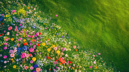 Colorful wildflowers scattered across a green field from above, forming a vibrant spring mosaicの素材