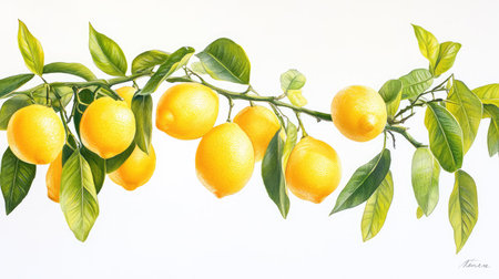Lemon tree branch with clusters of bright lemons and glossy green leaves, displayed against a crisp white backdropの素材