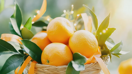 Close-up of ripe oranges in a basket, surrounded by fresh leaves and festive ribbons, celebrating citrus seasonの素材