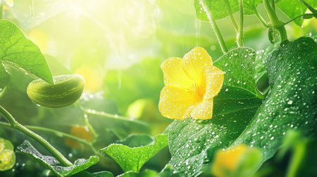 Dew-covered cucumber leaves and a yellow blossom, thriving in a summer garden and glowing in natural lightの素材
