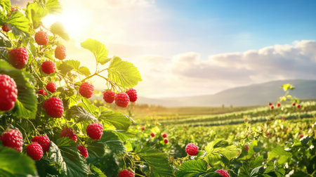 A sun-drenched raspberry farm at peak season, with red fruits dotting green plants across the landscapeの素材