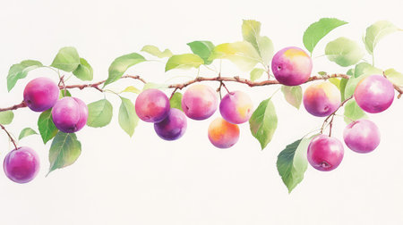 A vibrant plum tree branch filled with ripe purple fruits and lush green leaves, capturing the essence of a thriving summer gardenの素材