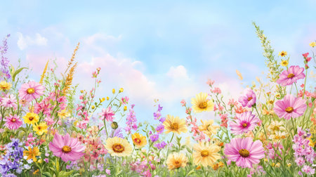 Floral foreground with pink, yellow, and purple meadow blooms set against a smooth light blue gradient skyの素材
