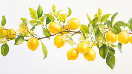 Lemon tree branch with clusters of bright lemons and glossy green leaves, displayed against a crisp white backdropの素材
