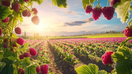 Wide view of raspberry fields in bloom, filled with lush foliage and juicy berries hanging in abundanceの素材