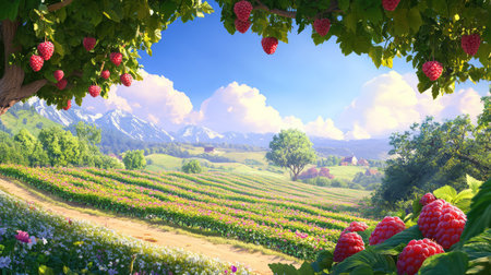 Wide view of raspberry fields in bloom, filled with lush foliage and juicy berries hanging in abundanceの素材