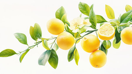 Bright yellow lemons and vivid leaves pop against a stark white background, showcasing a healthy lemon tree in detailの素材