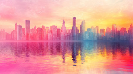 Sunset tones melt across city reflections in rippling water, turning buildings into colorful silhouettes of shape and lightの素材