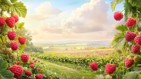 Wide view of raspberry fields in bloom, filled with lush foliage and juicy berries hanging in abundanceの素材