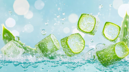 Aloe vera chunks floating in light turquoise water, air bubbles surrounding the translucent green piecesの素材