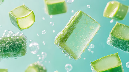 Aloe vera chunks floating in light turquoise water, air bubbles surrounding the translucent green piecesの素材