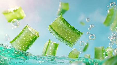 Aloe vera chunks floating in light turquoise water, air bubbles surrounding the translucent green piecesの素材