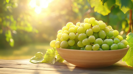 Bowl of green grapes on a wooden table, sunlight highlighting their fresh texture and colorの素材