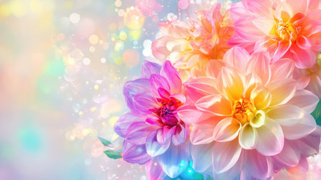 Close-up of colorful flowers in soft focus, petals glowing in sunlight with dreamy background bokehの素材