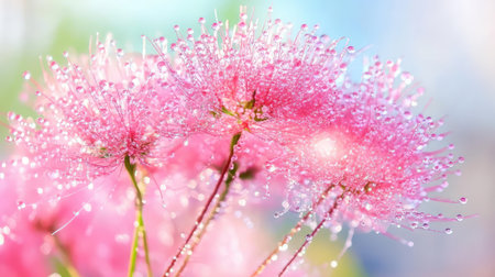 Delicate pink flowers covered in morning dew, natural light illuminating the droplets for a serene botanical sceneの素材