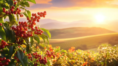 Harvest-ready coffee cherries glowing in sunlight, with a scenic view of distant mountain terrainの素材