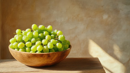 Fresh green grapes piled in a rustic wooden bowl placed on a textured brown wooden table in natural lightの素材