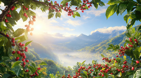 Red coffee berries surrounded by green foliage, backlit by sunlight with blue mountain ridges beyondの素材