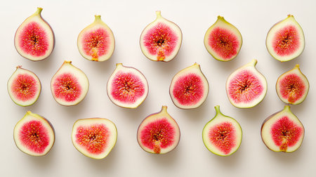 Whole and sliced figs with juicy centers arranged aesthetically on a clean white background with soft natural lightingの素材