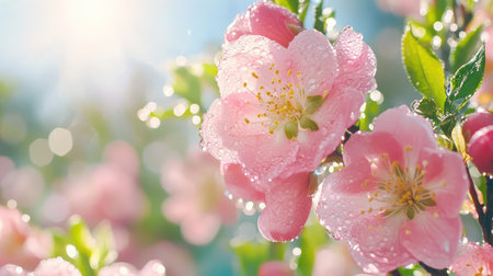 Wet pink blossoms glowing under natural light, droplets adding texture and freshness to the floral close-upの素材