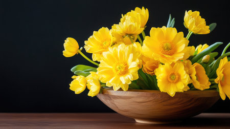 Arrangement of fresh yellow blooms in a carved wooden bowl, dramatic lighting against deep black backgroundの素材