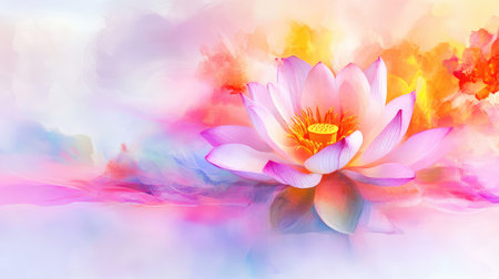 Abstract glowing lotus emerging from mist, surrounded by ethereal colors and dreamlike ambianceの素材