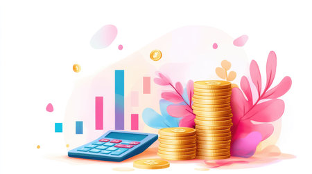 Coins stacked beside business reports with data charts and calculator, representing finance planning and budgetingの素材