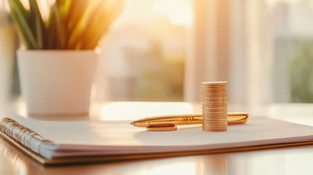 Business documents with stacked coins and pen, symbolizing economic forecasting, profit, and accountingの素材