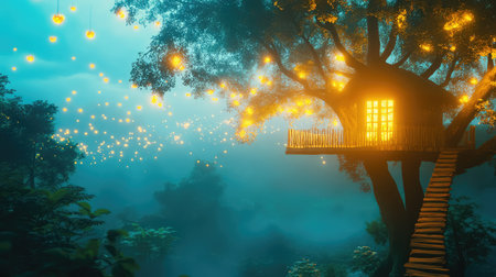 Illuminated treehouse surrounded by dense nighttime forest, suspended high above the ground in glowing solitudeの素材