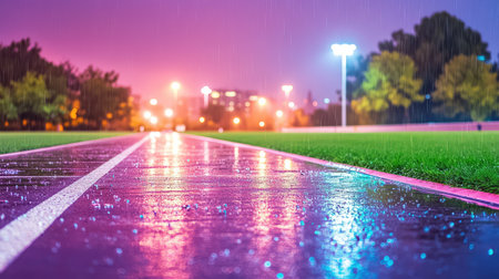 Empty track field at night after rain, artificial lights shining across glistening lanes, blurred city skyline visibleの素材