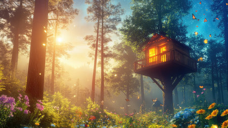 Elevated treehouse glowing warmly among tall forest trees under the starry night sky, magical and peacefulの素材