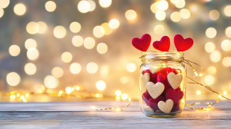 Decorative jar of hearts with golden string lights in background, rustic and romantic Valentine's vibeの素材