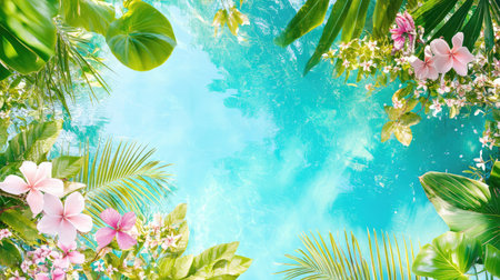 Bright blue surface surrounded by overlapping tropical leaf patterns, eye-catching summer frameの素材