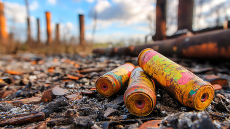 Forgotten military munitions amid industrial debris, strong contrast between man-made power and decayの素材