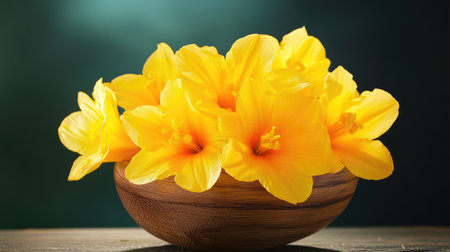 Close-up of bright yellow flowers in a textured wood bowl, set against a dark background with studio light effectsの素材