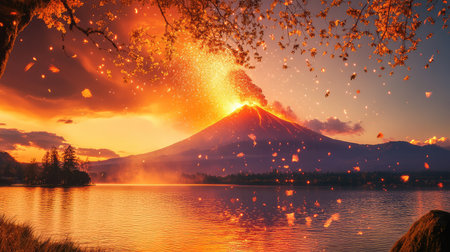 Erupting volcano casts orange light over peaceful lake, smoke and sparks dancing above tranquil sceneの素材