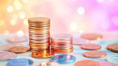 Close-up of coins stacked on colorful financial charts, illustrating ROI, business growth, and fiscal dataの素材