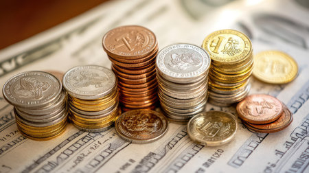 Neatly stacked coins on printed financial documents, symbolizing investment, growth, and savings in business contextの素材