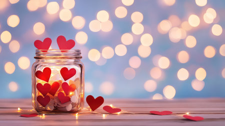Romantic Valentine's decor featuring heart cutouts in a jar, warm bokeh lights and wooden background for charmの素材
