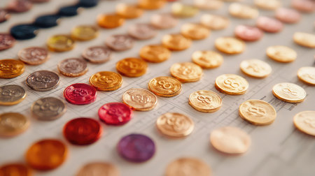 Coins arranged on printed spreadsheets and analytics pages, reflecting business investments and performance metricsの素材